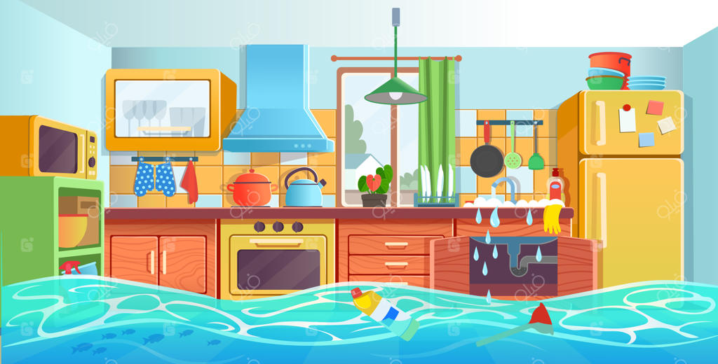 سینک آشپزخانه مسدود شده: داخل آشپزخانه با لوله کشی شکسته و نشتی آب به سبک کارتونی