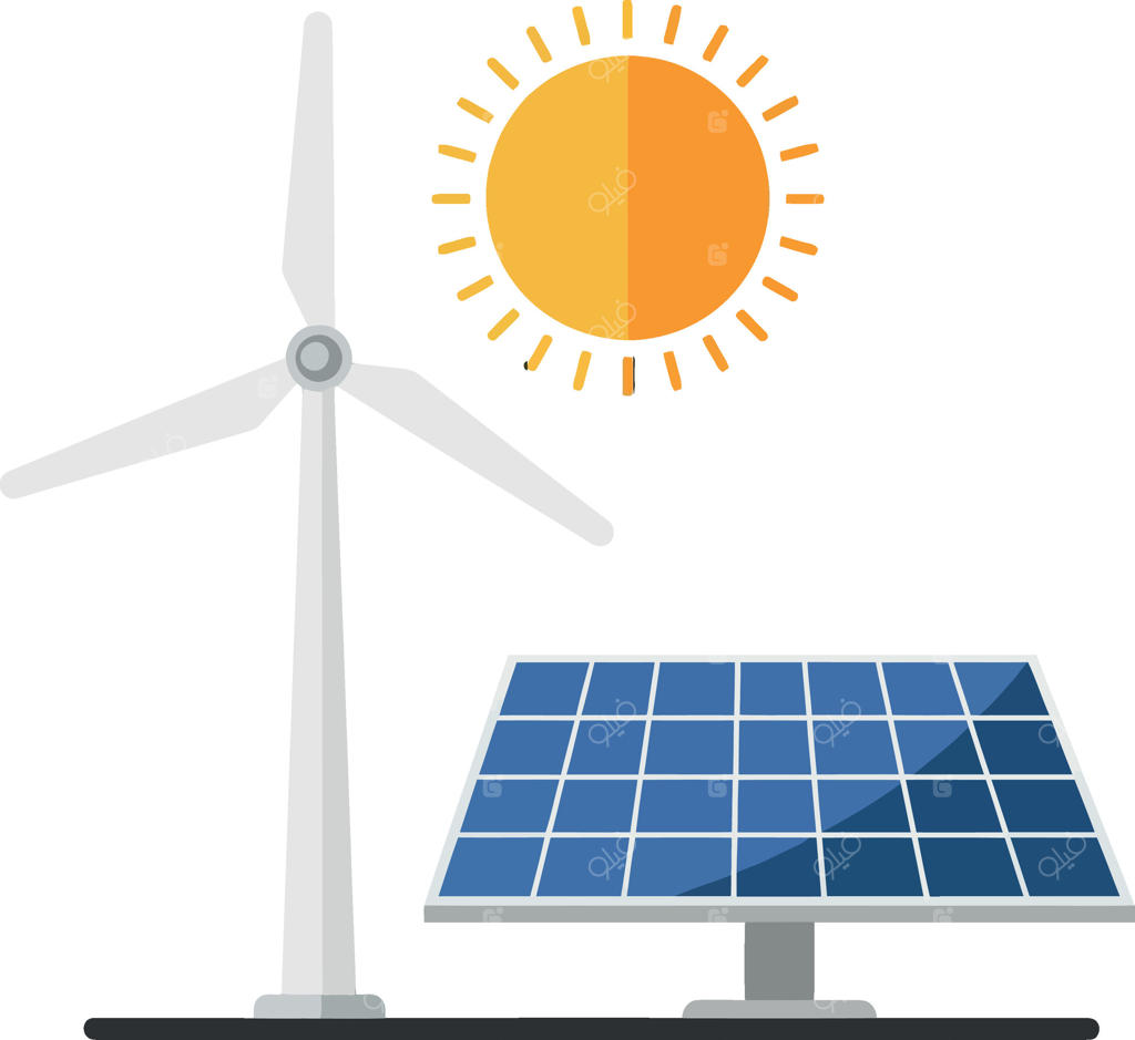 توربین بادی و پنل خورشیدی زیر نور خورشید در منظره انرژی پاک، هنر تخت