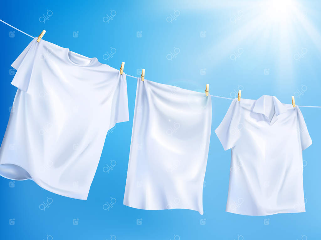 لباس‌های سفید روشن بر روی بند رخت زیر آسمان آبی شفاف در تصویرسازی سه‌بعدی