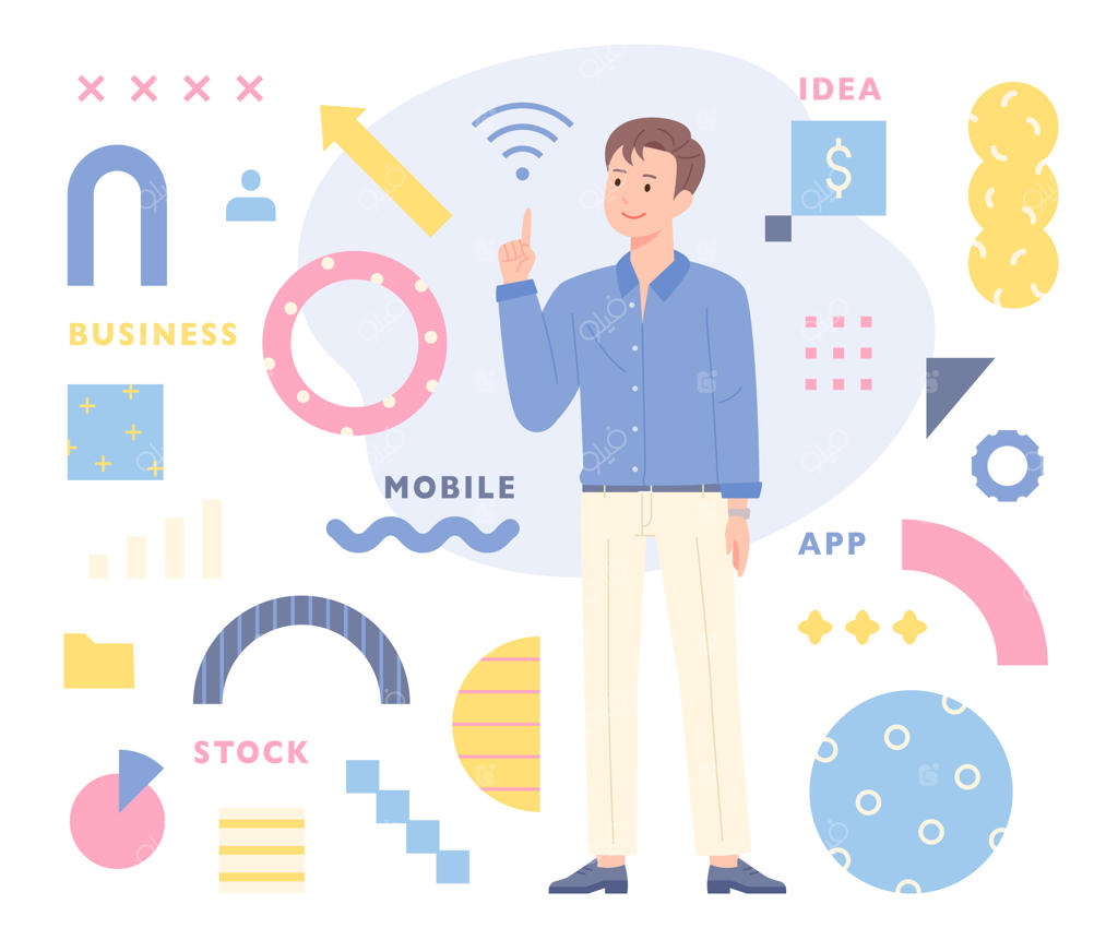 تاجری در میان اشکال مختلف توضیح می‌دهد