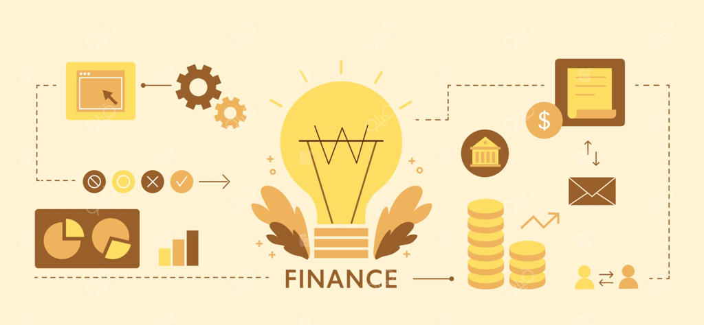 یک نماد لامپ در مرکز قرار دارد و آیکون‌های مالی در اطراف آن متصل شده‌اند. بنر اینفوگرافیک به رنگ زرد. طراحی ساده و مینیمال.