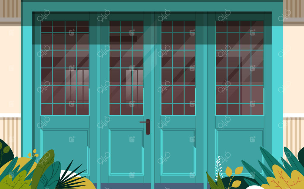 نمای بیرونی کافه خیابانی: درب‌های مدرن ورودی کافی‌شاپ، بدون حضور افراد، نمای نزدیک رستوران رومانتیک