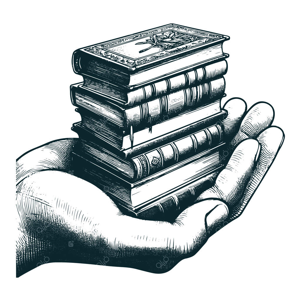 طرح دستی وکتوری: دسته‌ای از کتاب‌ها در دست، جدا شده بر پس‌زمینه سفید