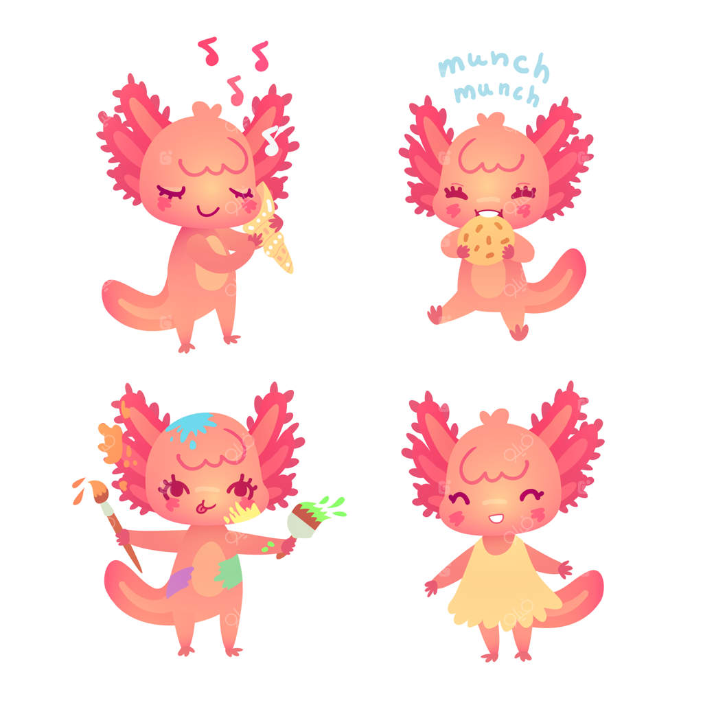 مجموعه‌ای از آکسولوتل‌های کارتونی برای کودکان: استیکرهای دخترانه با شخصیت‌های حیوانات دوست‌داشتنی در حالت‌های مختلف