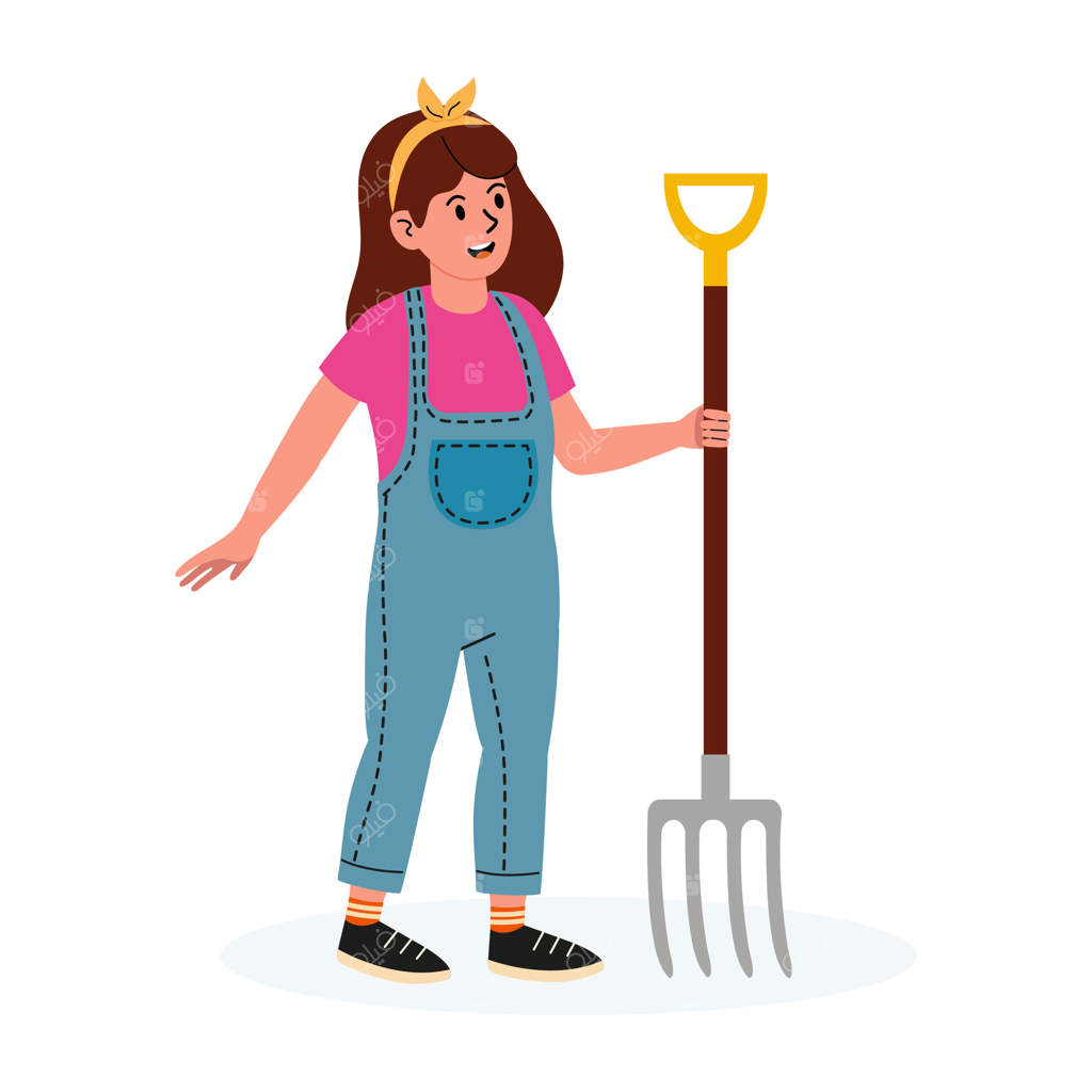 دختر جوان در لباس باغبانی با چنگک باغچه در حالتی شاد در فضای باز