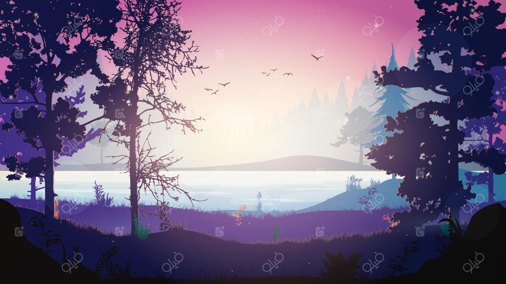 جنگل شب به صورت وکتوری: منظره جنگل با رودخانه در شب