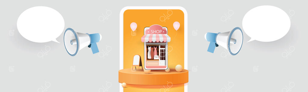 خرید آنلاین با گوشی هوشمند و تبلیغ فروش ویژه جدید در پس‌زمینه صورتی برای بنر بازار تجارت الکترونیک