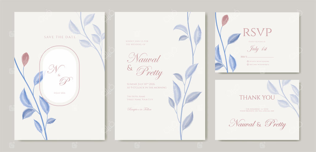 کارت دعوت عروسی دو رو با طراحی گل‌ها و برگ‌های آبرنگی - وکتور با کیفیت بالا
