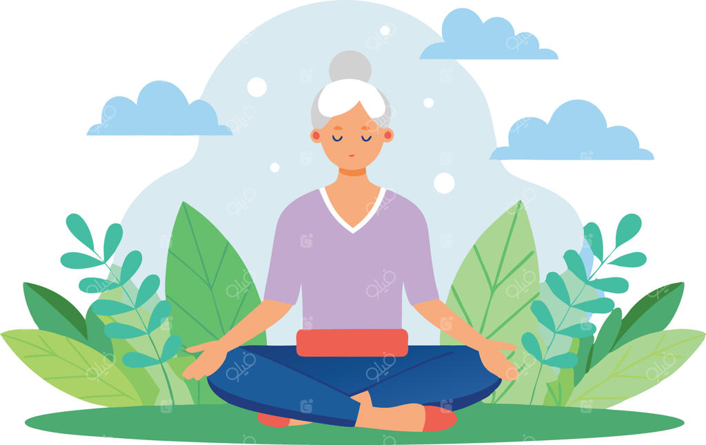 زنی آرام در حال مدیتیشن در باغی سرسبز با برگ‌های سبز و ابرهای نرم