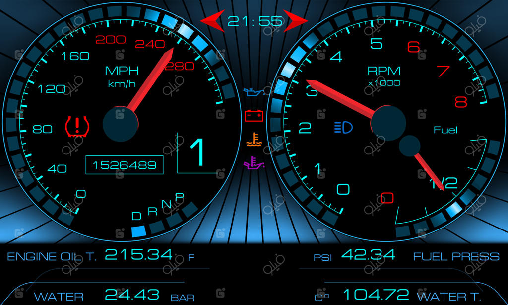 داشبورد خودرو: پنل کنترل مدرن با نور پس‌زمینه، نمایش سرعت و تصویر روشن با عقربه‌های قرمز و مقادیر دیجیتال.