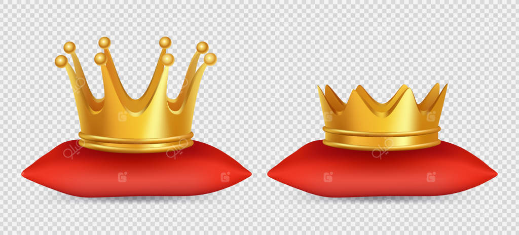 تاج‌های طلای واقع‌گرایانه: تاج پادشاه و ملکه بر روی بالش قرمز با زمینه شفاف