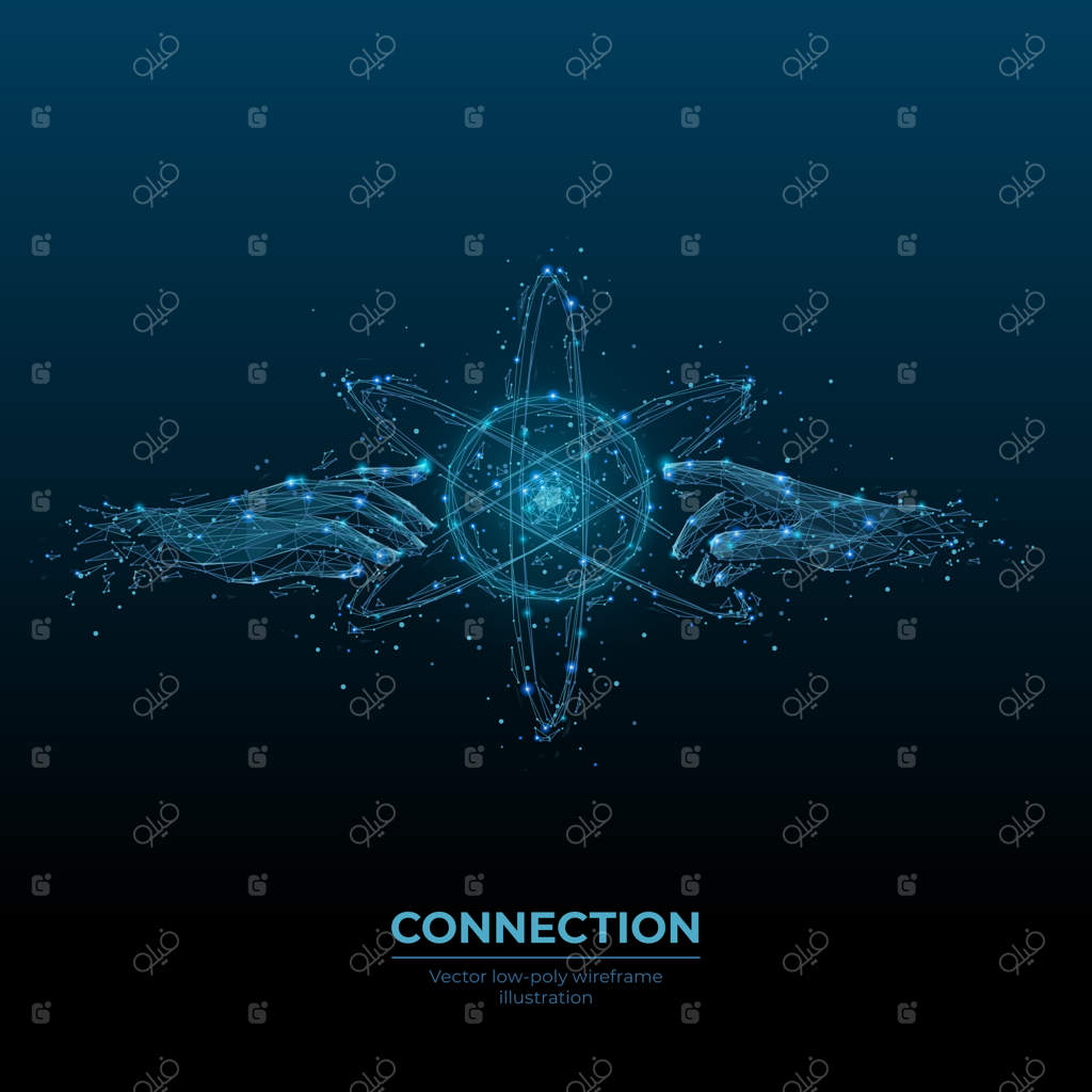 تصویر سه‌بعدی دوتایی از دستان در حال لمس دایره‌های فناوری با خطوط اتصال جهانی