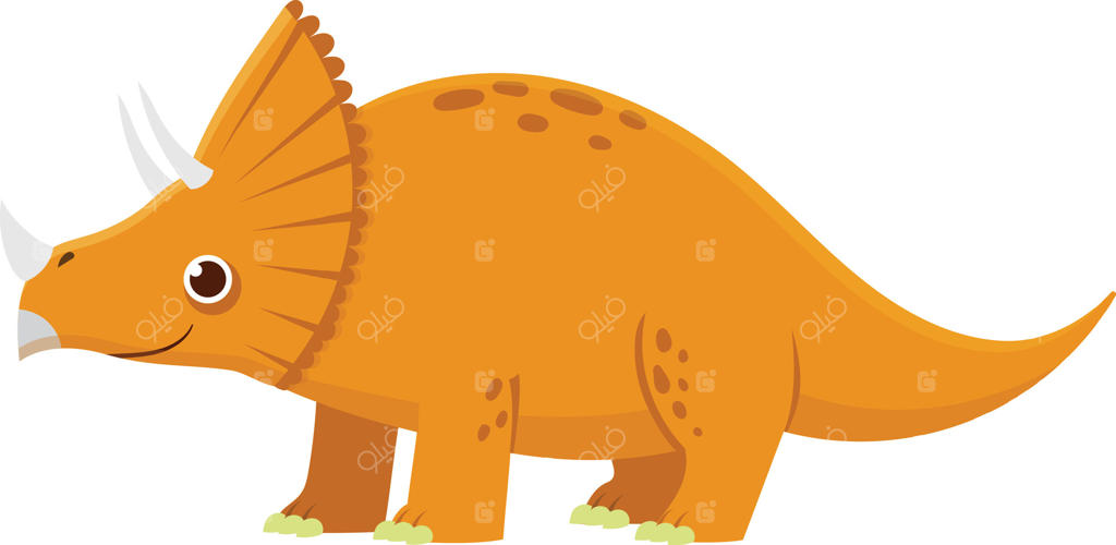 دایناسور تریسراتوپ کارتونی و شاد که به سمت چپ تصویر حرکت می‌کند. این دایناسور دوست‌داشتنی در حال لبخند زدن است.