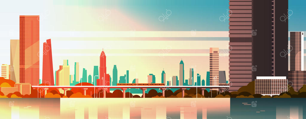 شهر زیبا در پانورامای غروب با برج‌های سر به فلک کشیده و منظره شهر و مترو روی آب