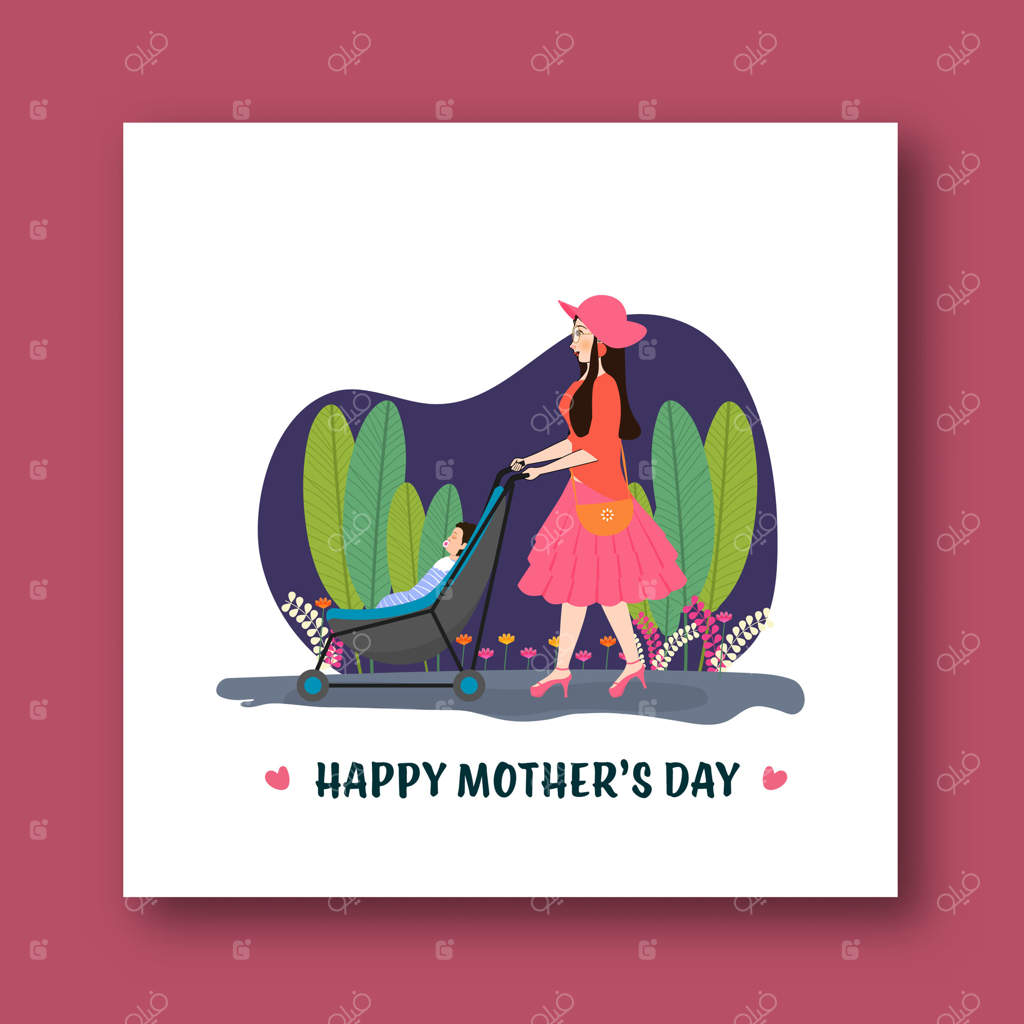 پست تبریک روز مادر همراه با تصویر کارتونی مادری که کالسکه نوزادش را در باغ می‌برد.