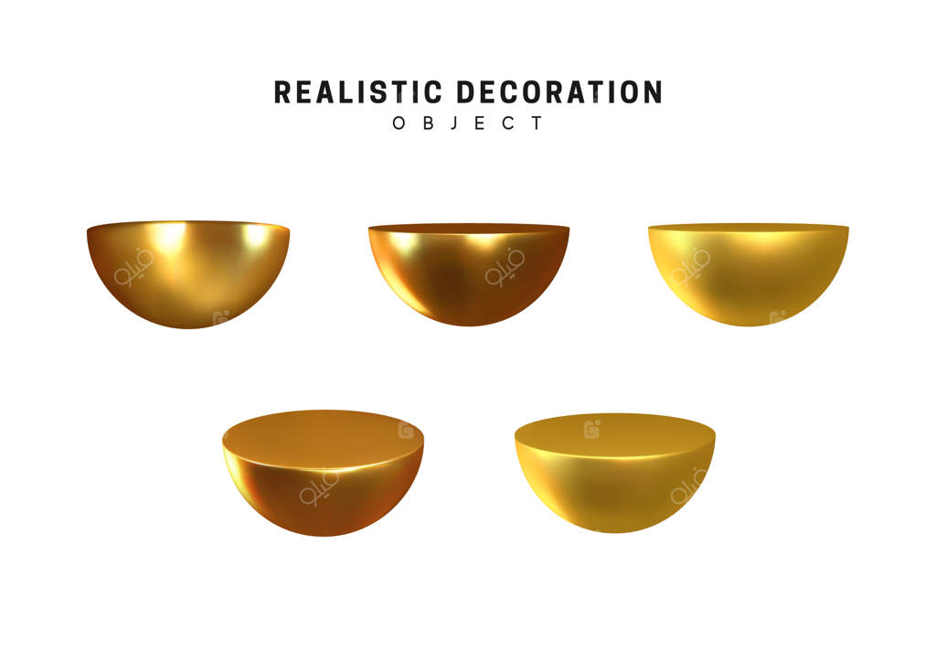 نیم‌کره‌ای از فلز طلایی: اشکال هندسی نیم‌دایره. عناصر تزئینی طلایی روی زمینه سفید. اشیاء سه‌بعدی زرد نیم‌دایره‌ای، تصویرسازی واقعی.