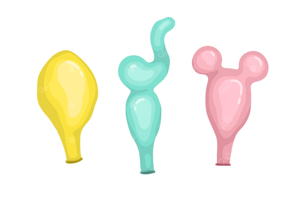 بالون‌های لاستیکی خالی و باد نشده در رنگ‌ها و شکل‌های مختلف. مجموعه‌ای از بالون‌های لاتکس آماده استفاده برای جشن تولد. تصویر برداری رنگارنگ و جذاب.