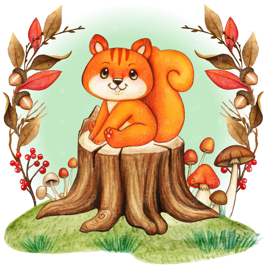 سنجاب کوچولوی رنگارنگ روی تنه درخت همراه با قارچ و برگ‌ها