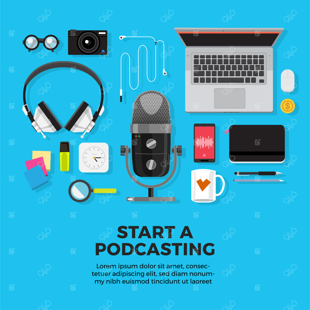 طرح مفهومی برای کانال پادکست: همکاری تیمی در استودیو و میکروفون برنامه‌های زنده. آیکون رادیوی پادکست.