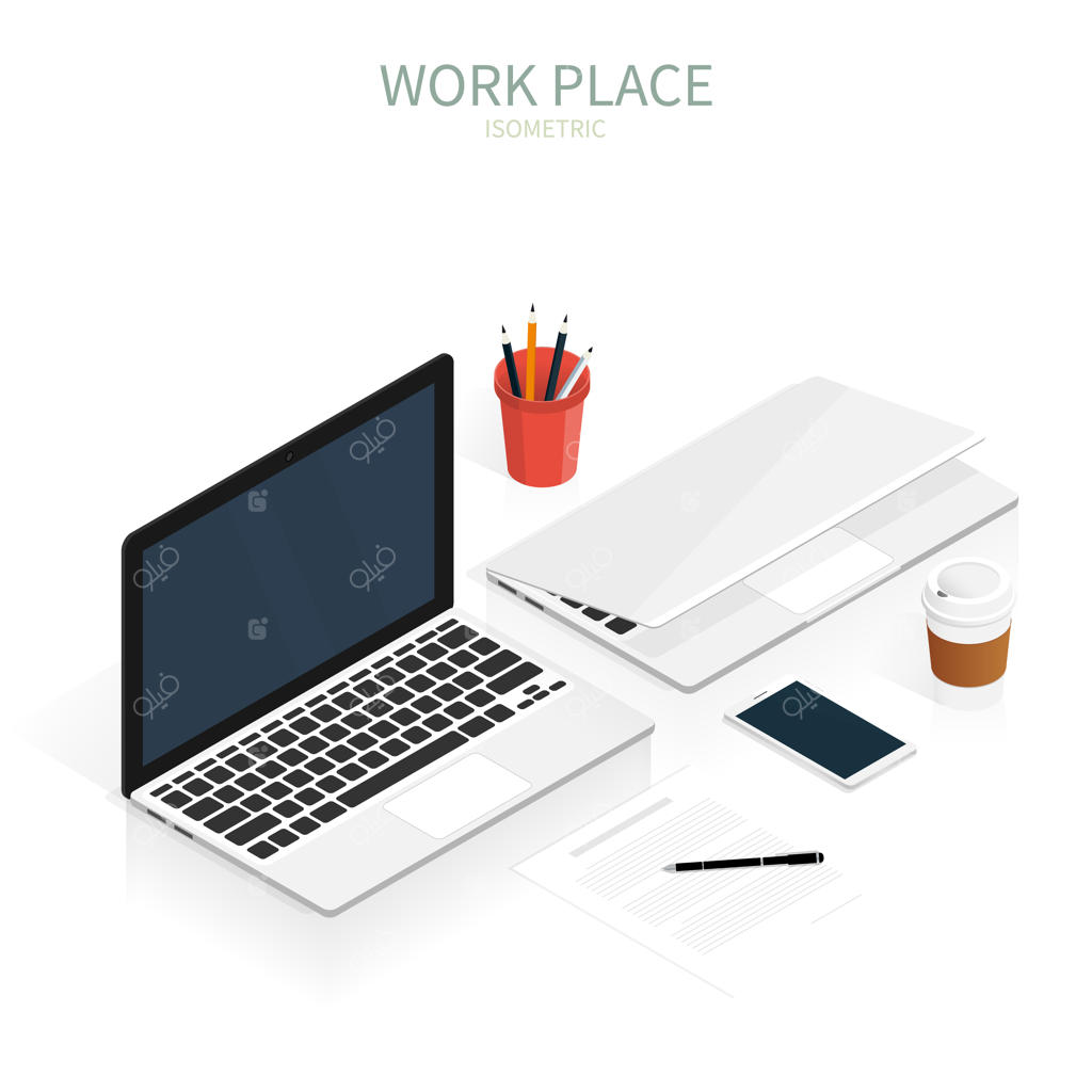 نمای ایزومتریک از لپ‌تاپ در محیط کار
