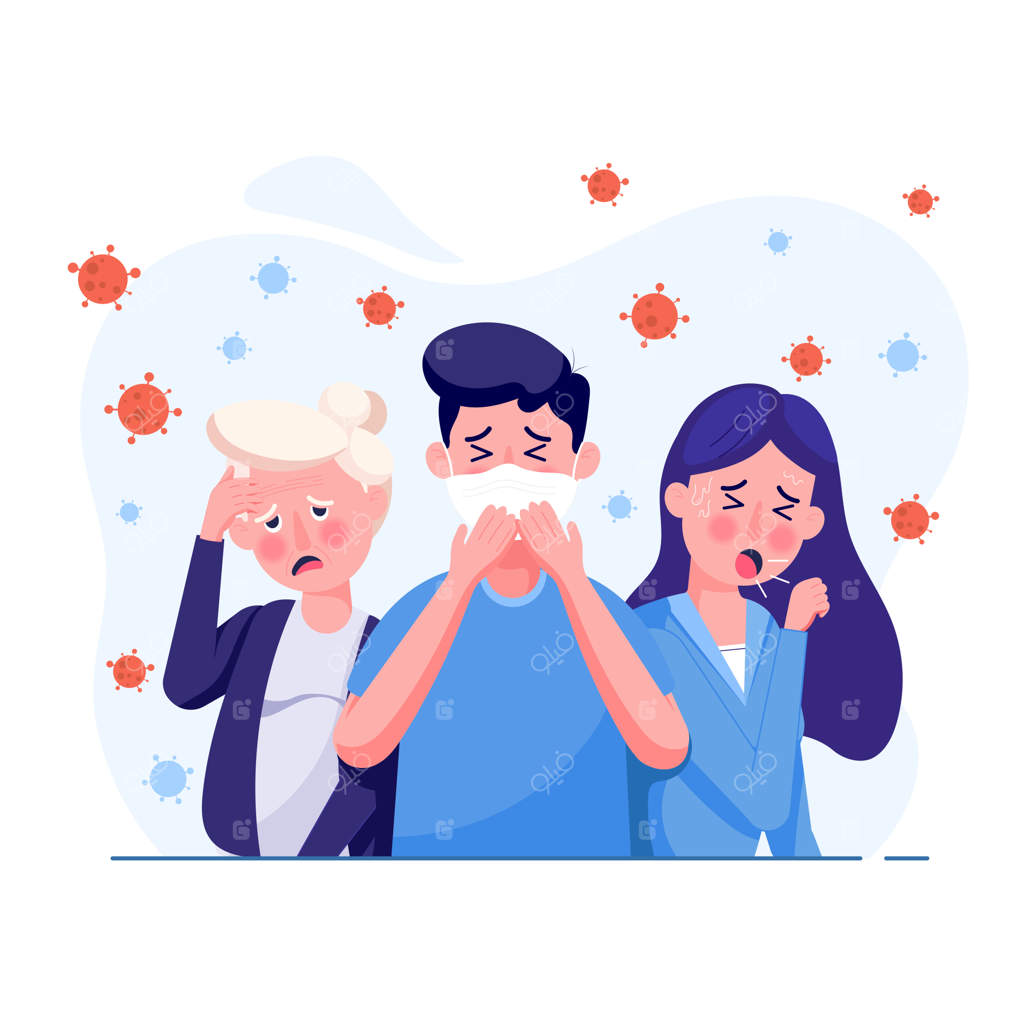 افراد به علائمی مانند سرفه، تب و سرگیجه دچار می‌شوند و ویروس کرونا در هوا منتشر می‌شود. طراحی در سبک ساده.