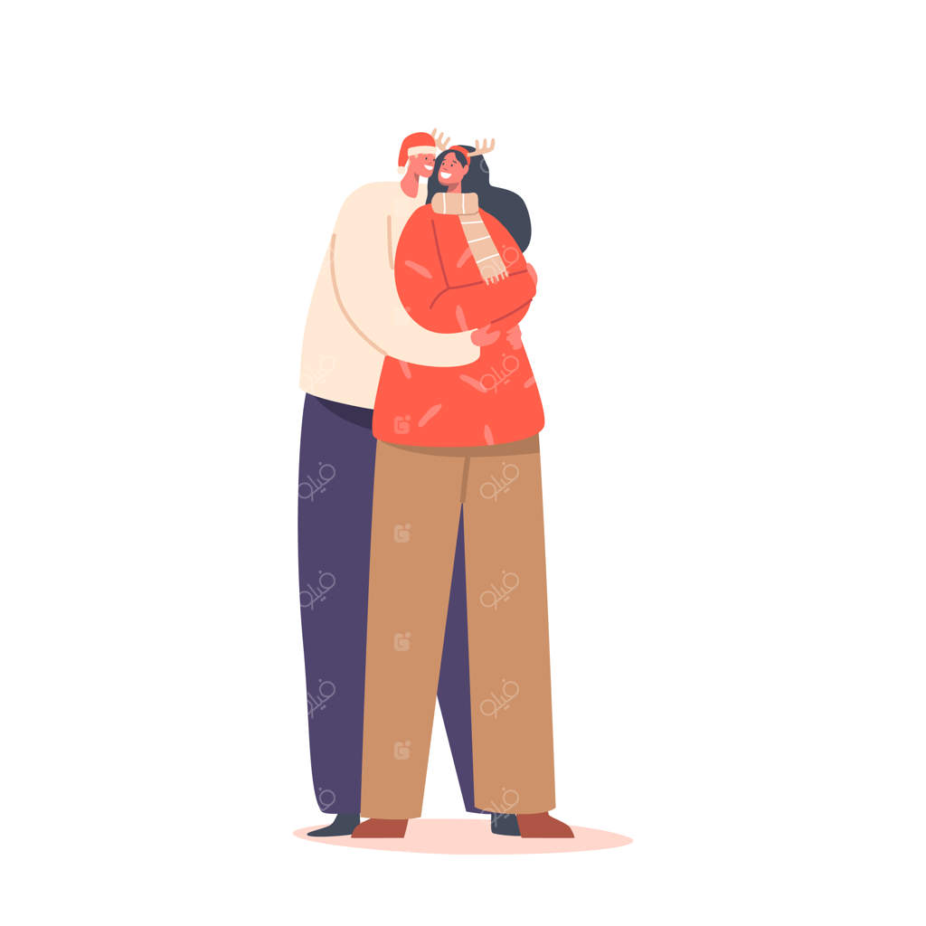 مرد و زن با لباس های کریسمس و کلاه بابا نوئل زوج عاشق را در آغوش می‌گیرند