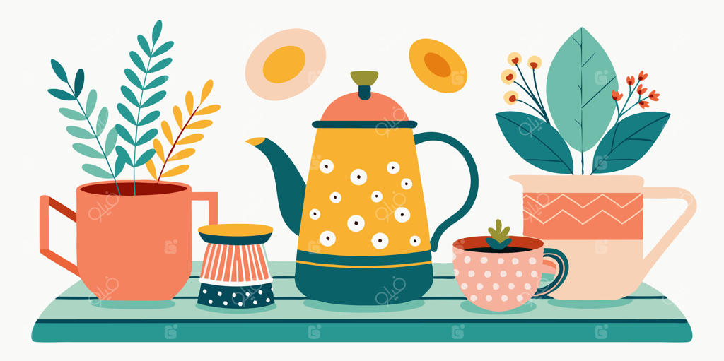 مجموعه‌ای رنگارنگ از قوری‌های قهوه و گلدان‌ها