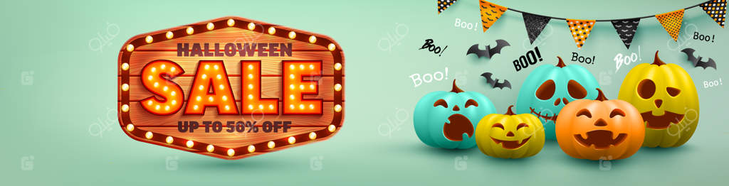 پوستر و قالب بنر فروش ویژه هالووین با کدوهای تزیینی رنگارنگ و خفاش‌ها - وب‌سایت ترسناک، تصویرسازی وکتور EPS10