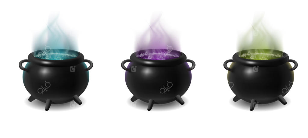 دیگ جادوگر سیاه واقعی روی آتش چوب با معجون جادویی سبز، بنفش و آبی در حال جوشیدن، در پس‌زمینه سفید