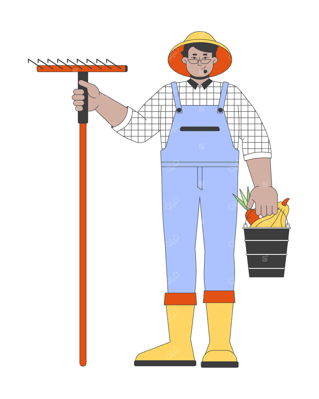 شخصیت کارتونی دوبعدی یک مرد عرب با شن کش و سطل سبزیجات. کارگر روستایی کشاورزی. مرد کشاورز مثبت در حال برداشت محصول، به صورت تخت و مستقل بر روی پس‌زمینه سفید. تصویرسازی نقطه‌ای و حرفه‌ای وکتور رنگارنگ.