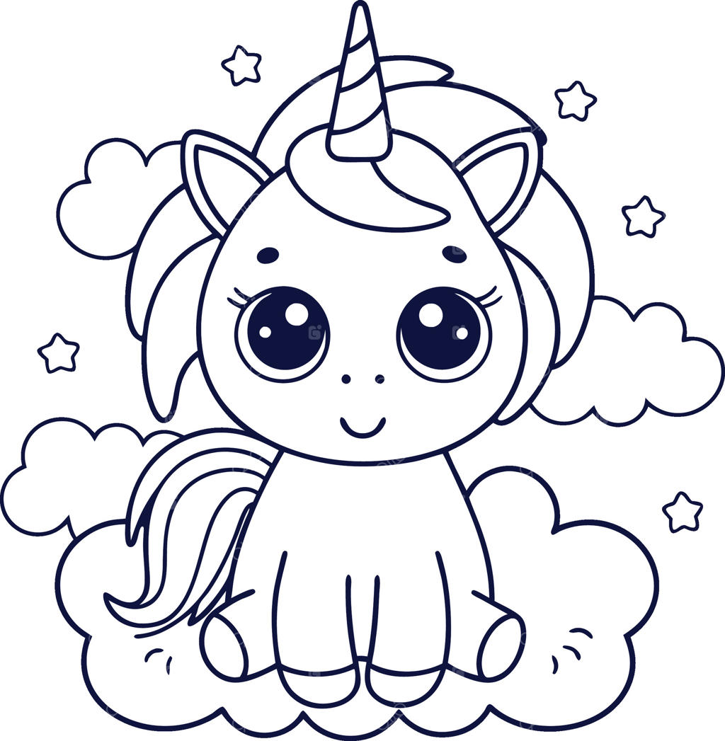 صفحه رنگ‌آمیزی اسب تک‌شاخ کوچک و بامزه با چشم‌های درشت