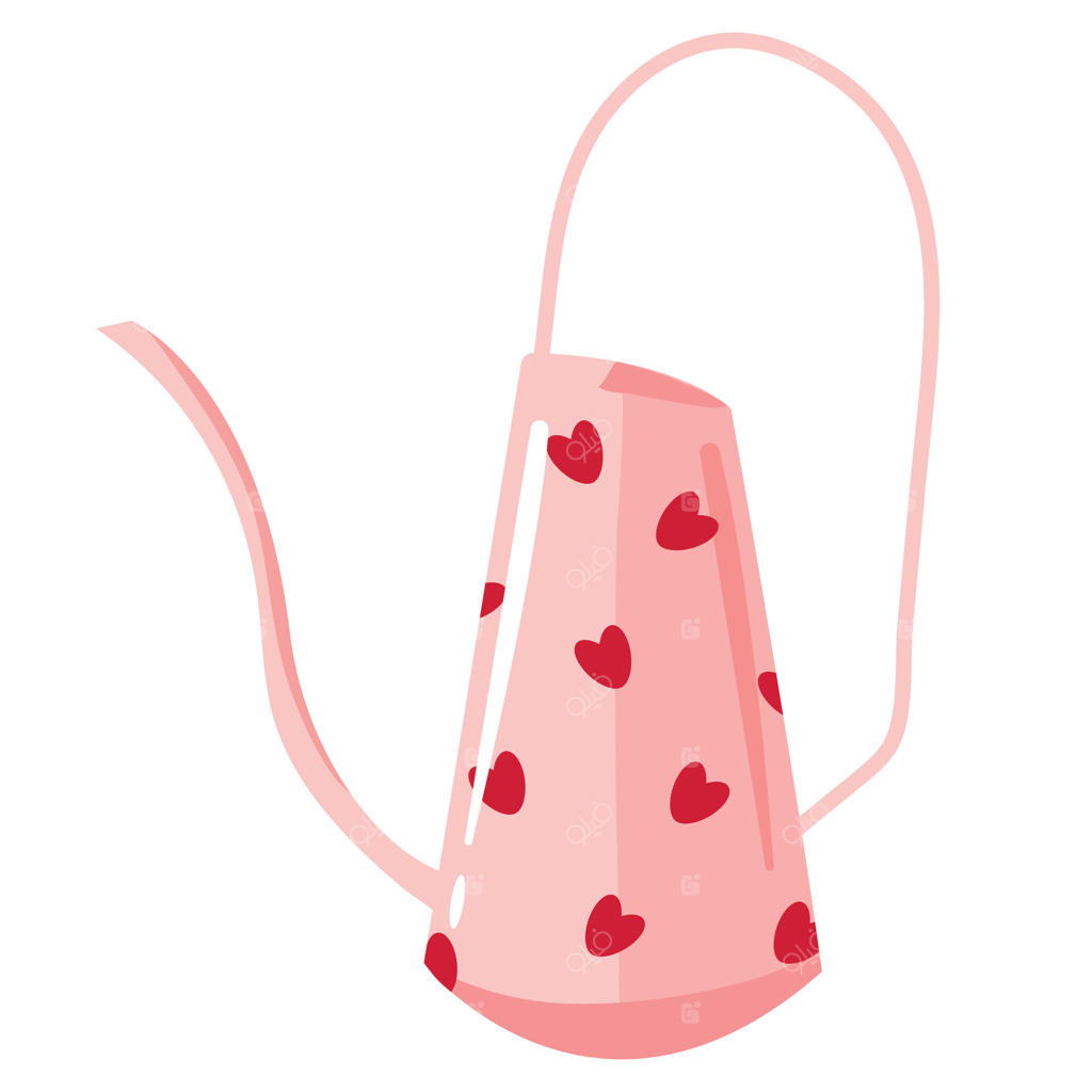 ابزار باغبانی: آبپاش صورتی با قلب‌هایی برای گیاهان، مناسب پوستر، بنر یا کارت‌پستال‌ها