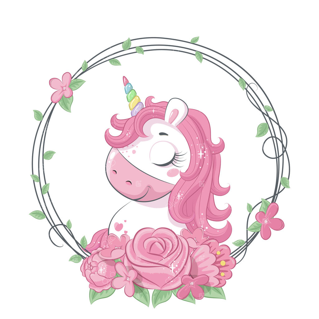 تک‌شاخ جادویی بامزه با تاج گل - تصویرسازی برای جشن سیسمونی، کارت تبریک، دعوت‌نامه مهمانی و چاپ روی تیشرت‌های مد روز.