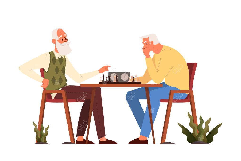 بازی شطرنج توسط سالمندان. نشستن سالمندان دور میز با صفحه شطرنج. مسابقه شطرنج بین دو مرد مسن.