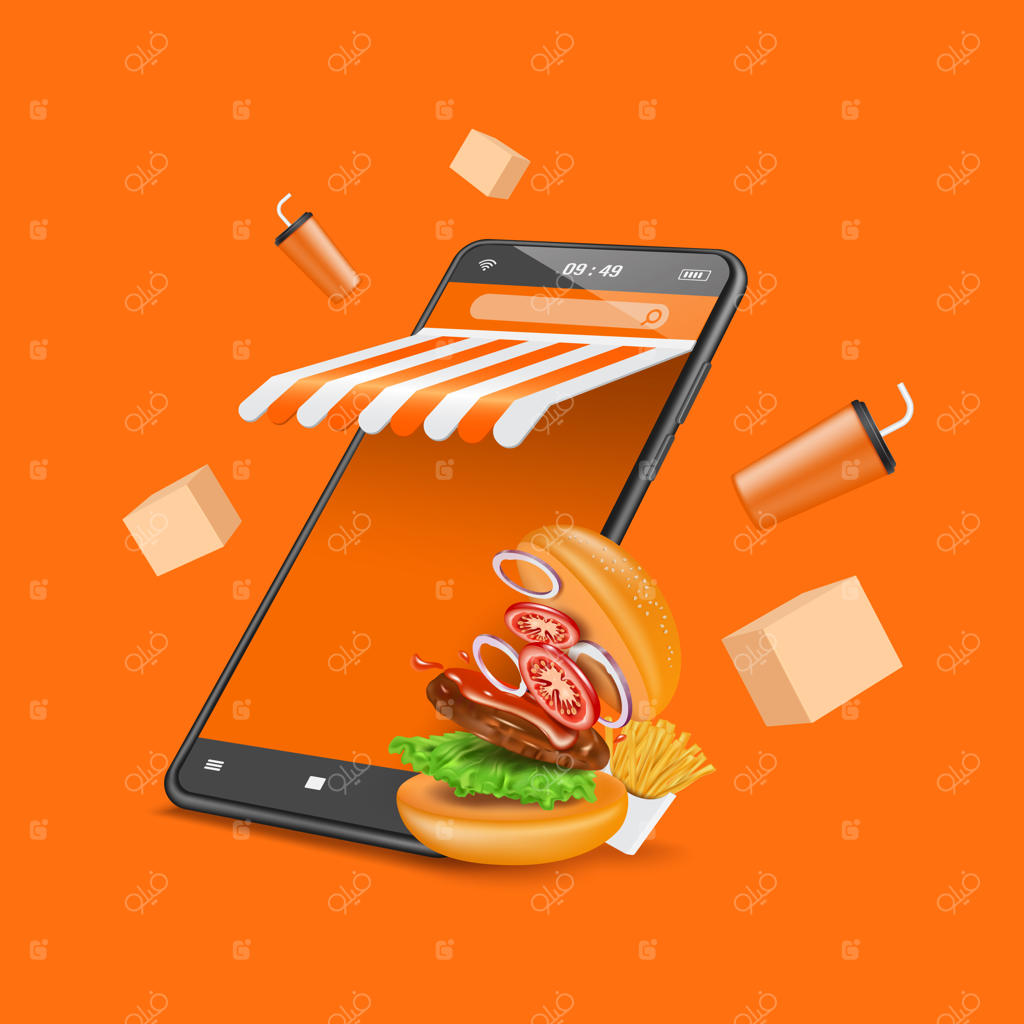 همبرگر و سیب‌زمینی سرخ‌کرده در کنار یک فروشگاه گوشی هوشمند قرار دارند و جعبه‌های غذا و قوطی‌های نوشابه در هوا معلق‌اند - قالب سه‌بعدی برداری برای طراحی تبلیغات تحویل