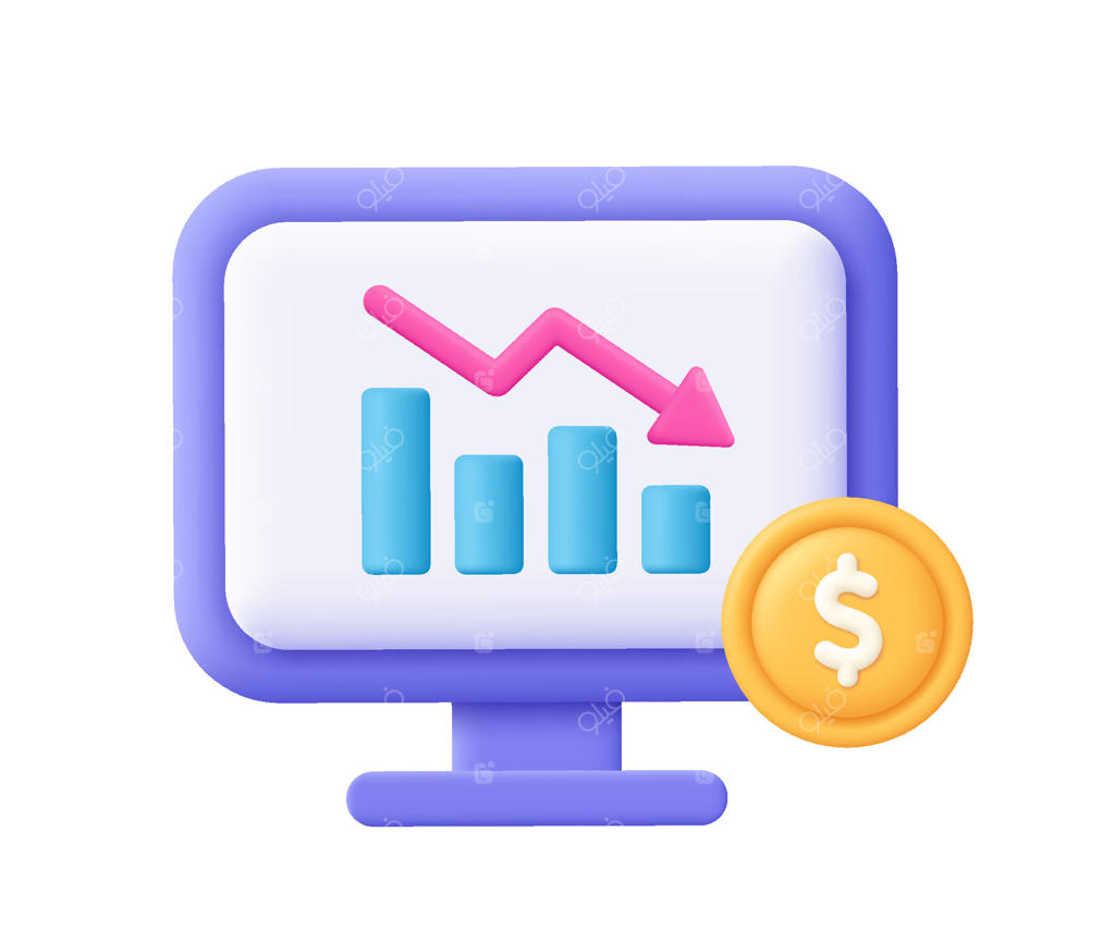 آیکون سه‌بعدی: کامپیوتر با نمودار نزولی و فلش رو به پایین، سکه با علامت دلار. مفهوم بحران اقتصادی، ورشکستگی، کاهش تجارت، ریسک در کسب‌وکار و امور مالی. طراحی کارتونی و مینیمال.