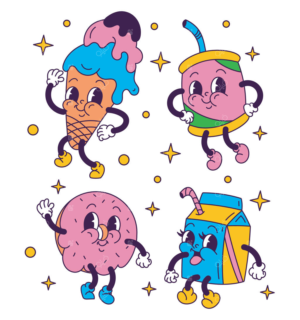 مجموعه‌ای از نقاشی‌های کلیپ‌آرت با غذاهای کارتونی قدیمی روی زمینه سفید