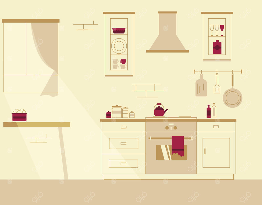 تصویر پس‌زمینه آشپزخانه با وسایل متنوع آشپزخانه