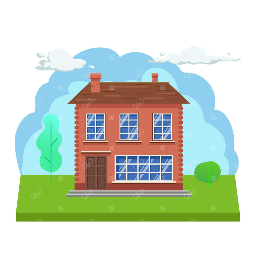 نمای جلو از کلبه با درختان و ابرها