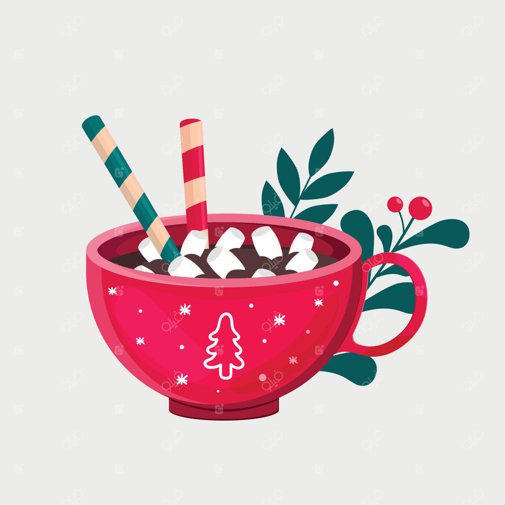 نوشیدنی داغ کریسمس با مارشملو و نی در فنجان قرمز