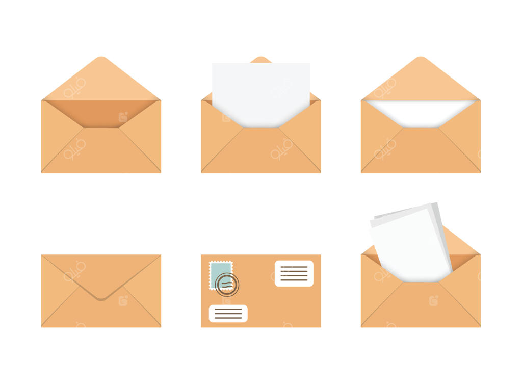 مجموعه آیکون‌های پاکت‌نامه با طرح تخت. تصویرسازی سند ایمیل در پس‌زمینه‌ای مستقل. مفهوم پست‌کارت برای کسب‌وکار.
