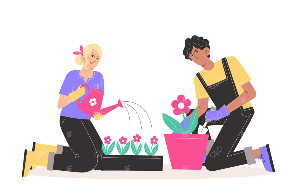 مردم به باغ می‌رسند، گل‌ها را می‌کارند و آبیاری می‌کنند