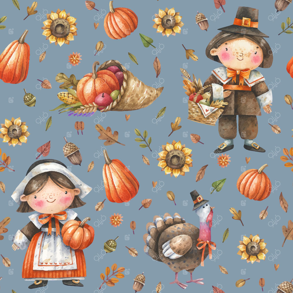 طرح کارتونی روز شکرگزاری با کدو تنبل، گل آفتابگردان، زائران و بوقلمون - زائران بامزه