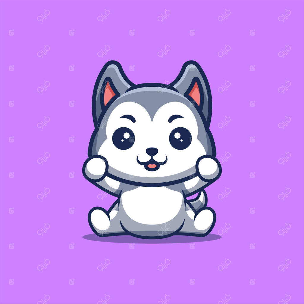 نشسته هاسکی هیجان‌زده بامزه خلاقانه لوگوی کارتون ماسکات کاوایی