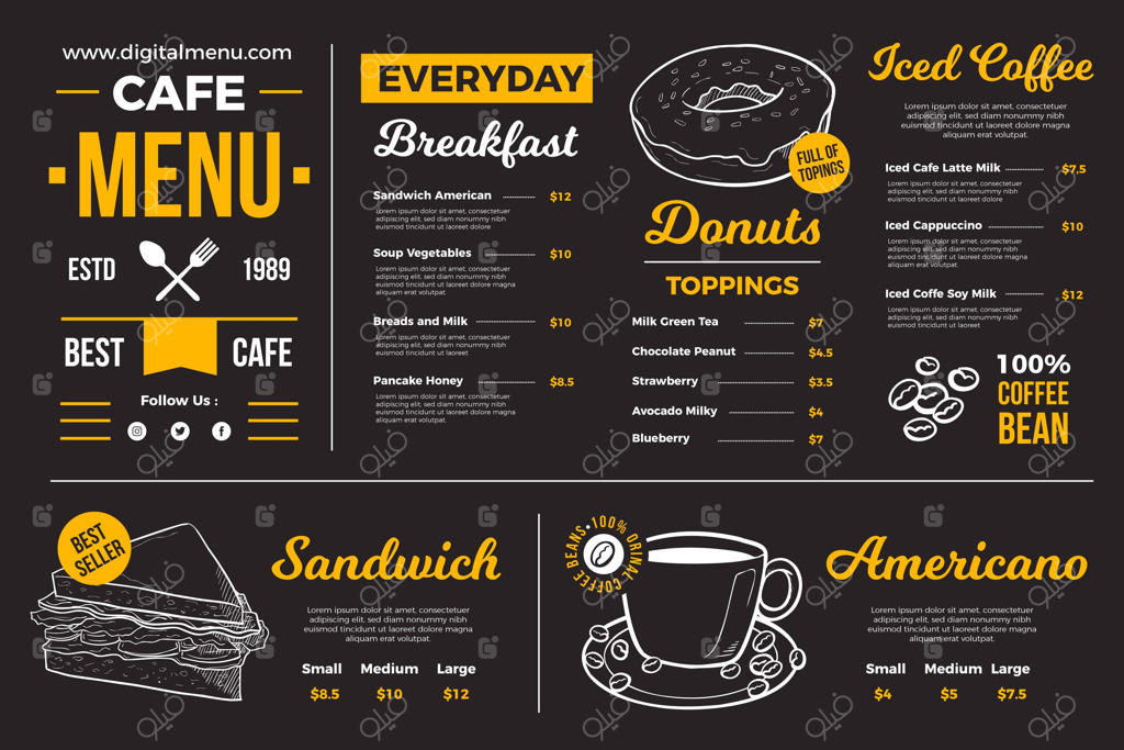 قالب منوی رستوران با پس‌زمینه تیره برای پلتفرم دیجیتال