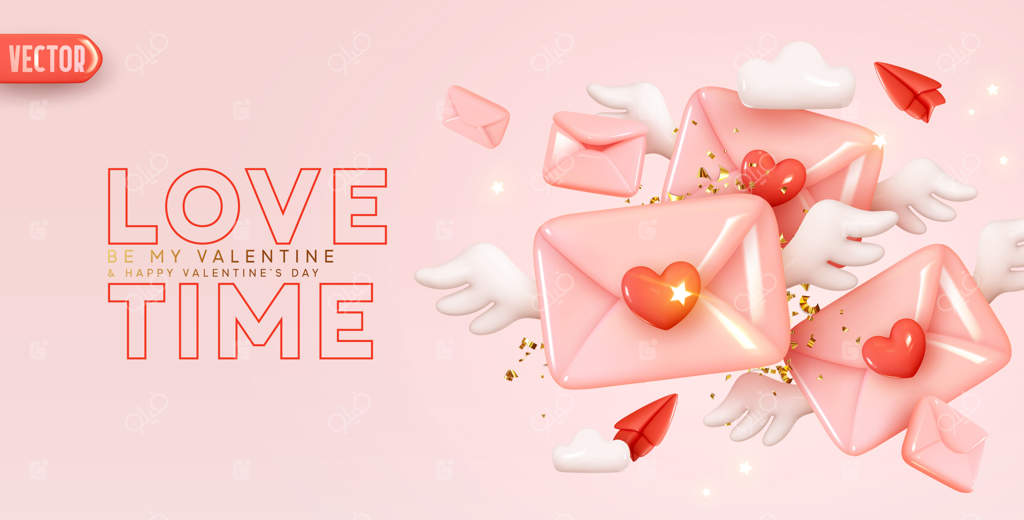 روز ولنتاین مبارک! پاکت کاغذی صورتی با بال‌های فرشته و قلب قرمز. طراحی سه‌بعدی واقعی تبریکات، پاکت در حال سقوط. پس‌زمینه‌ای برای تعطیلات. نوشته "ولنتاین من باش". تصویرسازی وکتور.