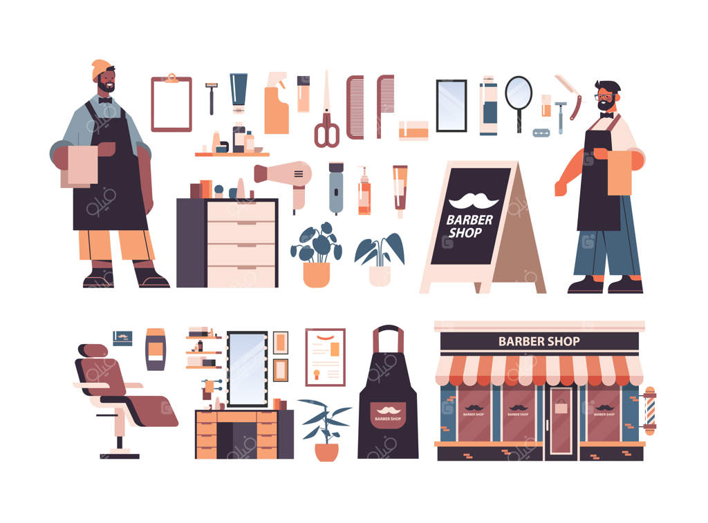مجموعه ابزار و لوازم آرایشگاه با آرایشگران مرد در حال اصلاح - تصویرسازی افقی وکتور