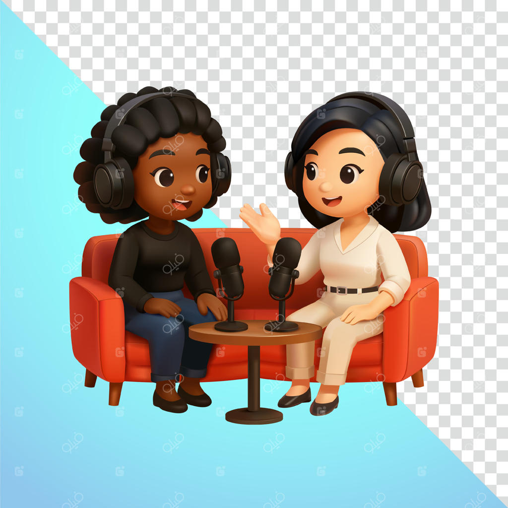 گفتگو دو زن در یک پادکست سه‌بعدی؛ ایده‌آل برای شبکه‌های اجتماعی و تبلیغات