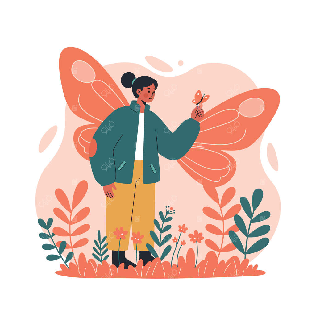 زن با پروانه در باغی محصور شده با گیاهان و گل‌ها در تناژ گرم نارنجی، تصویرسازی