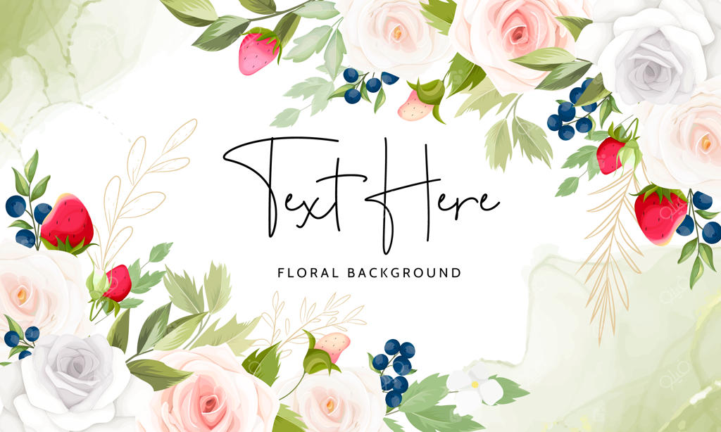 پس‌زمینه زیبا با طراحی دستی توت‌فرنگی و گل‌های رز